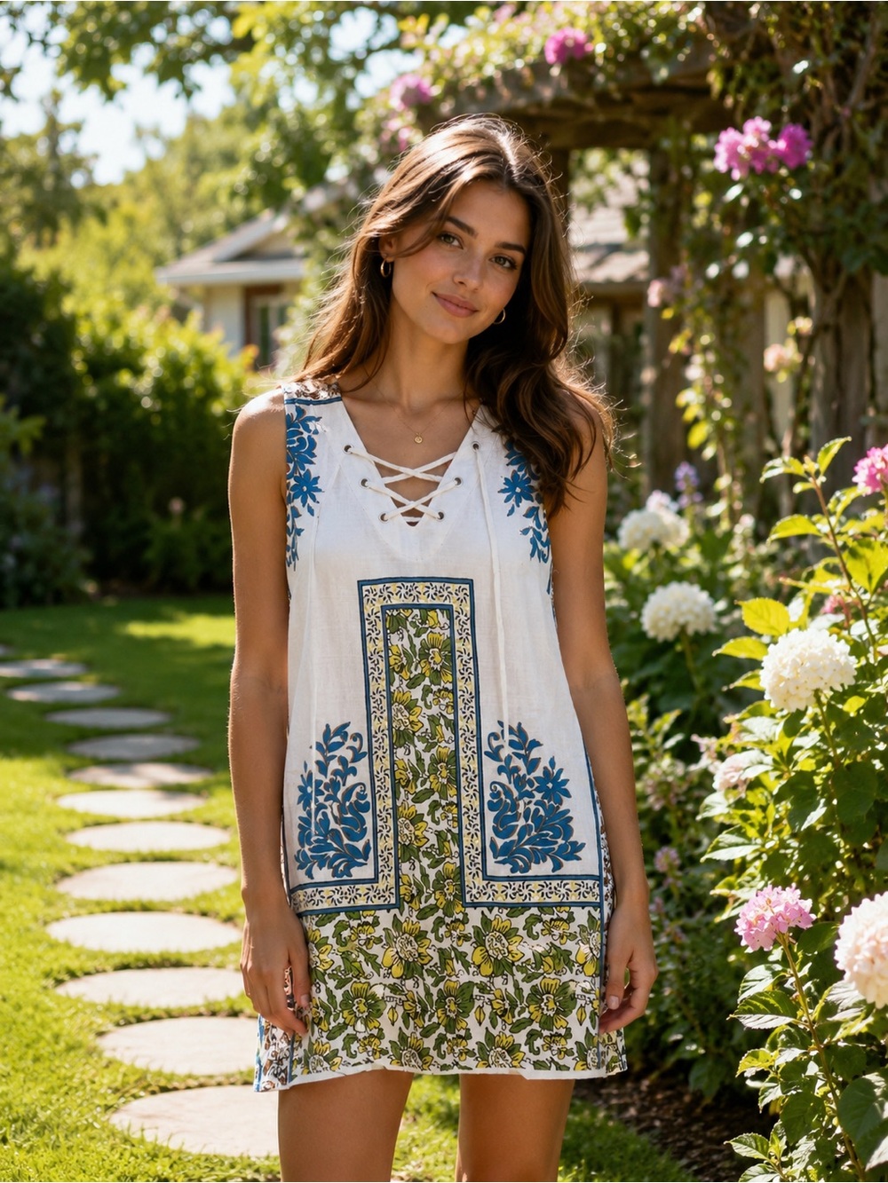 White Floral Lace-Up Shift Dress with Blue & Green Motif. Pit to pit 18”